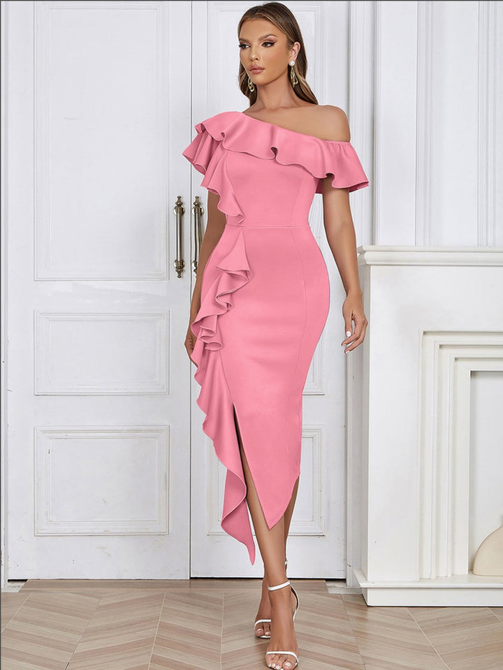 Women's Ruffle One-Shoulder Bodycon Fall Midi Dress