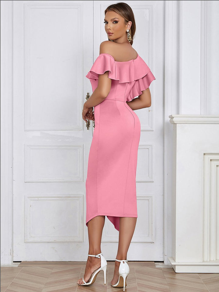Women's Ruffle One-Shoulder Bodycon Fall Midi Dress