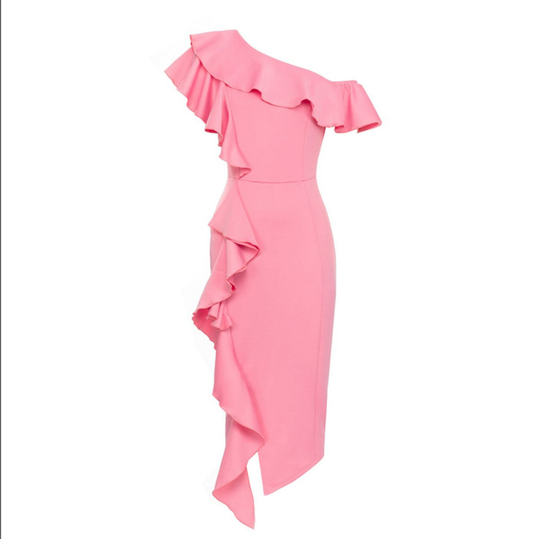 Women's Ruffle One-Shoulder Bodycon Fall Midi Dress