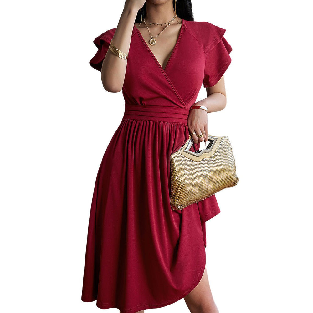 Women's Ruffle Sleeve A-Line Fall Midi Dress V-Neck