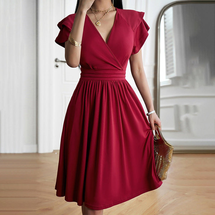 Women's Ruffle Sleeve A-Line Fall Midi Dress V-Neck