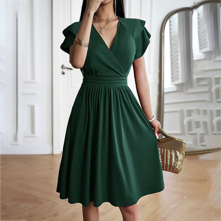 Women's Ruffle Sleeve A-Line Fall Midi Dress V-Neck