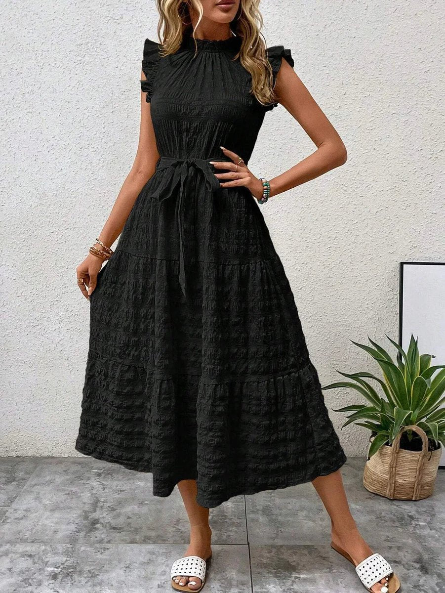Women's Ruffle-Sleeve Belted Tiered Fall Midi Dress