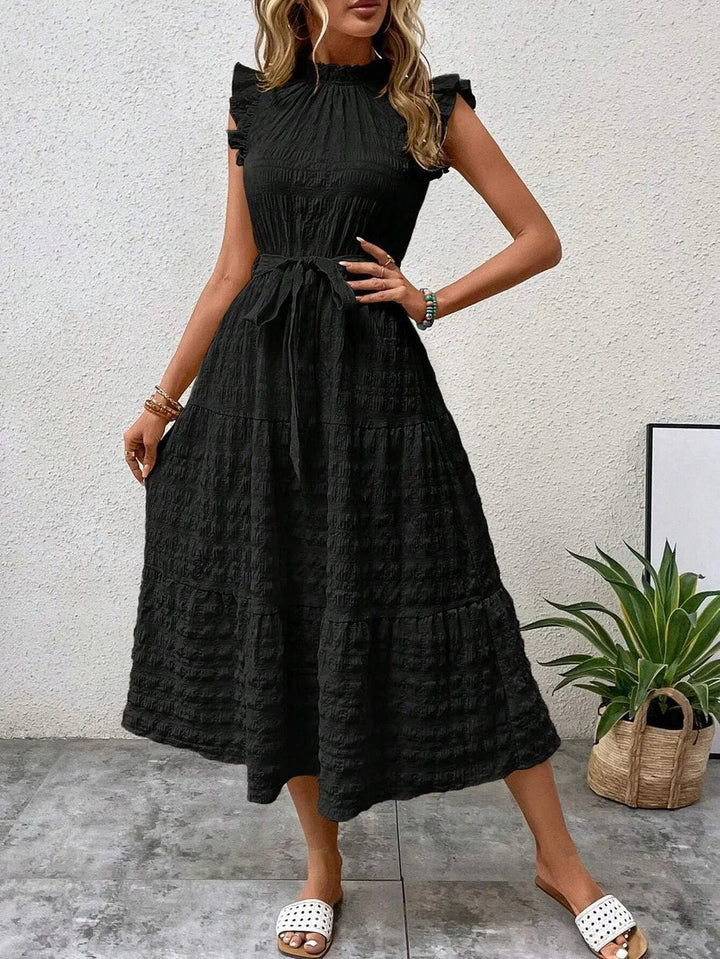 Women's Ruffle-Sleeve Belted Tiered Fall Midi Dress