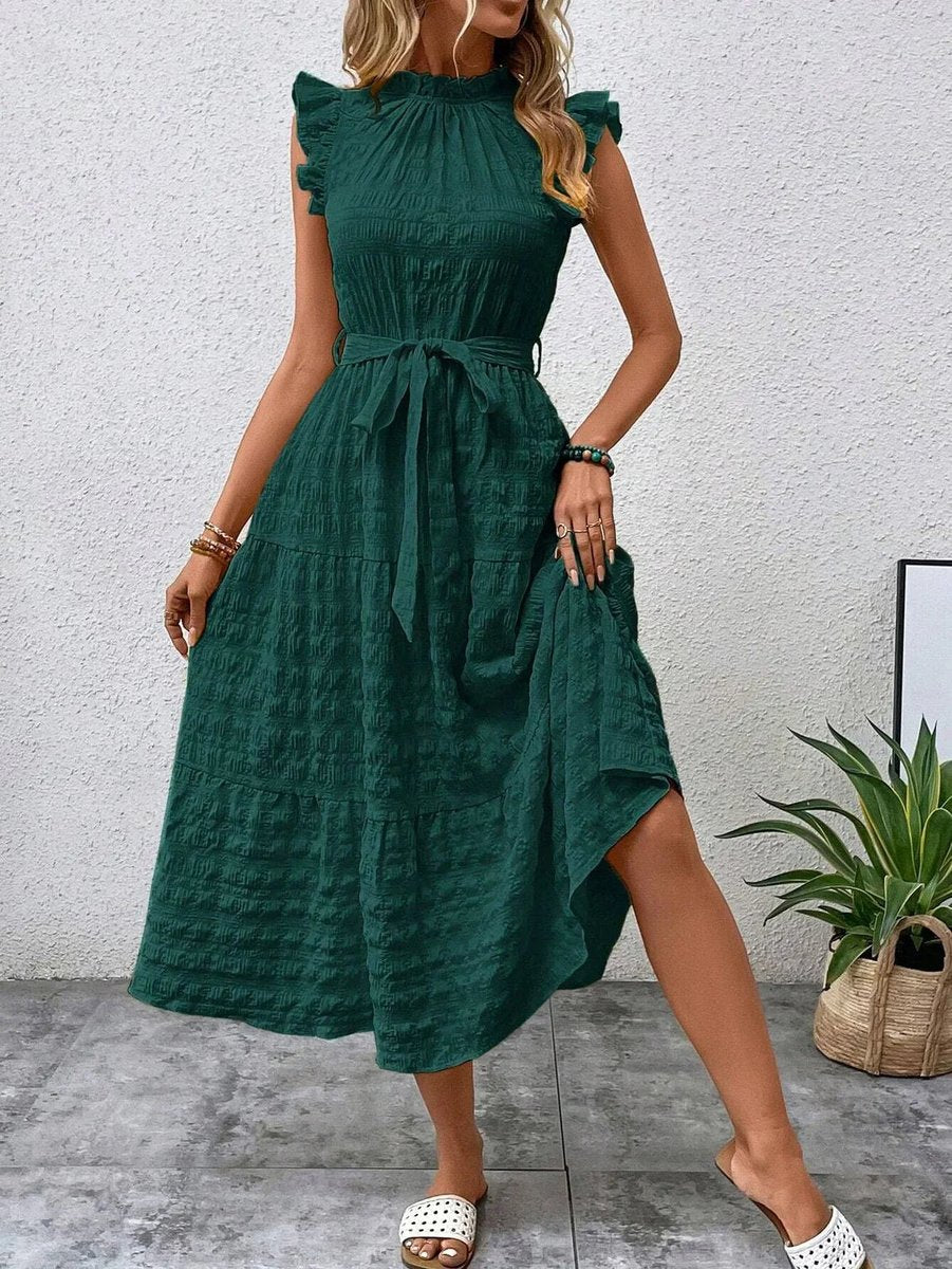 Women's Ruffle-Sleeve Belted Tiered Fall Midi Dress