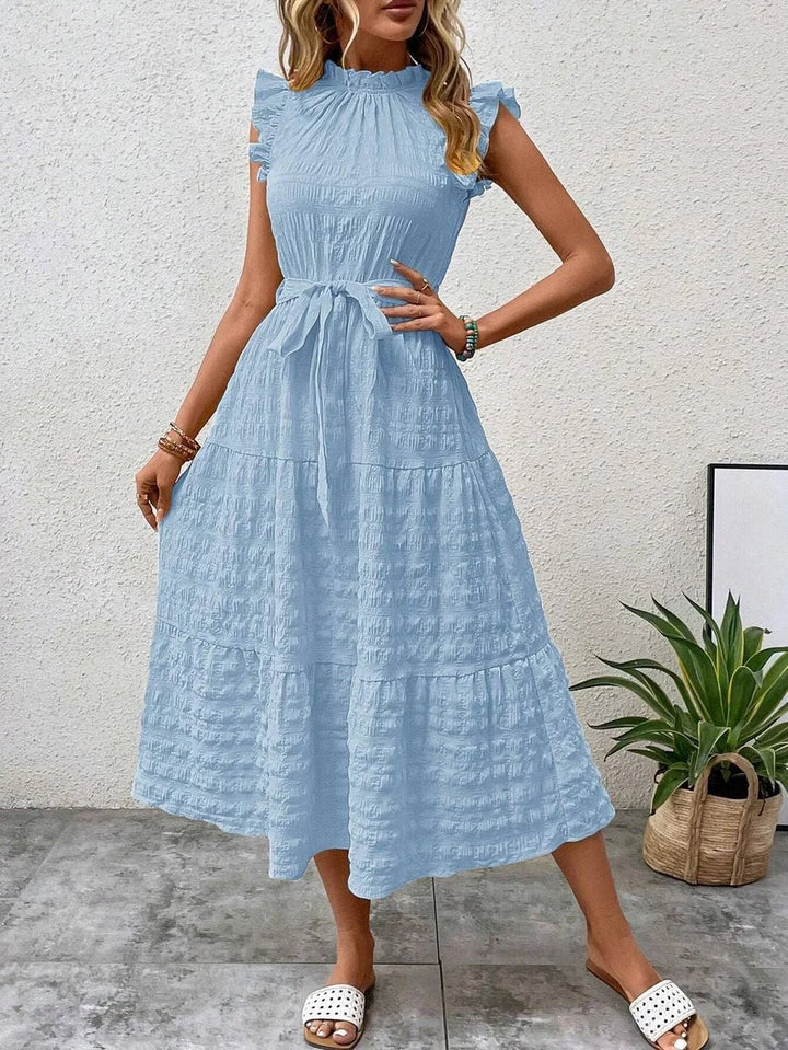 Women's Ruffle-Sleeve Belted Tiered Fall Midi Dress