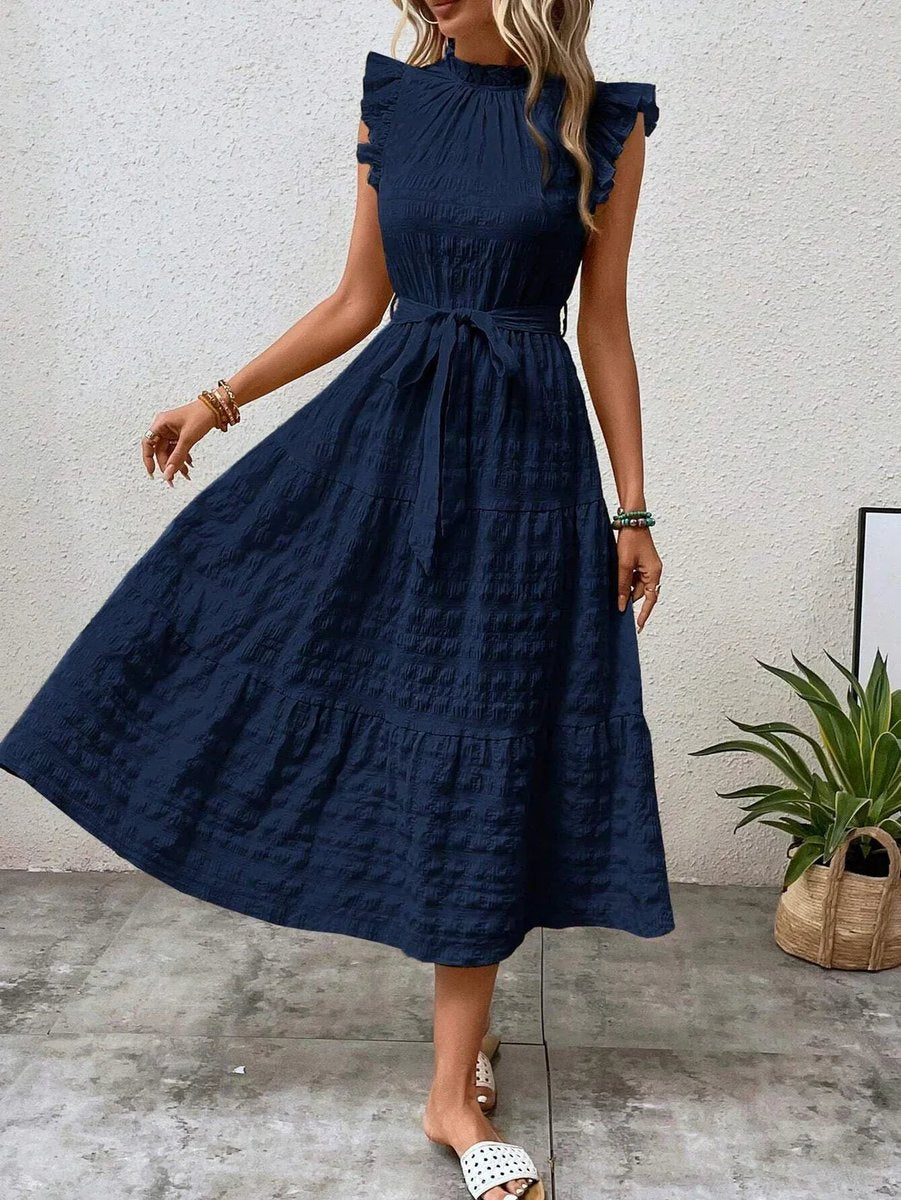 Women's Ruffle-Sleeve Belted Tiered Fall Midi Dress