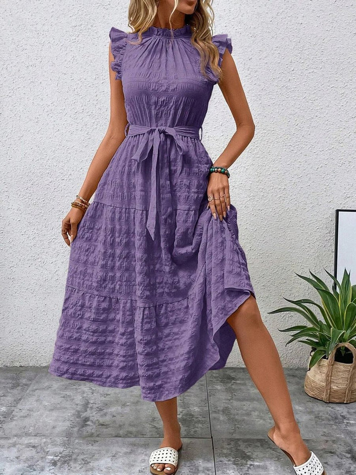 Women's Ruffle-Sleeve Belted Tiered Fall Midi Dress