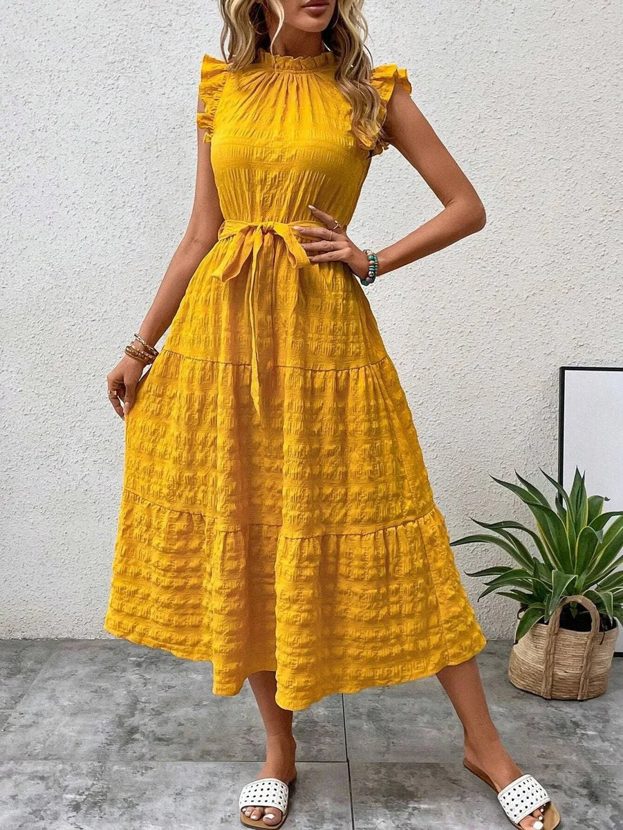 Women's Ruffle-Sleeve Belted Tiered Fall Midi Dress