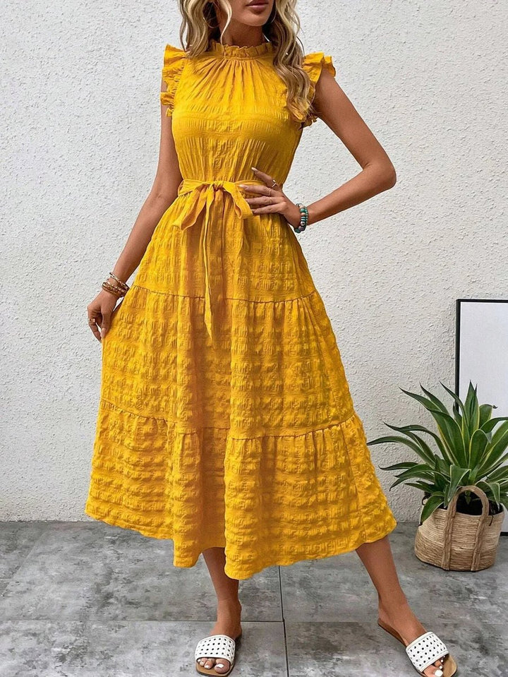 Women's Ruffle-Sleeve Belted Tiered Fall Midi Dress
