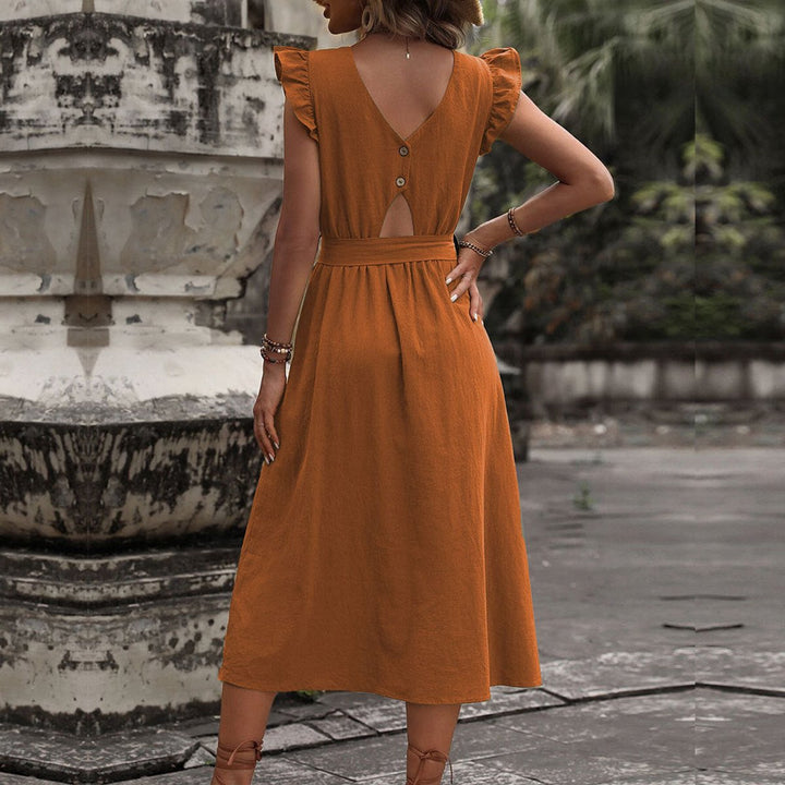 Women's Ruffle-Sleeve Belted V-Neck Fall Midi Dress