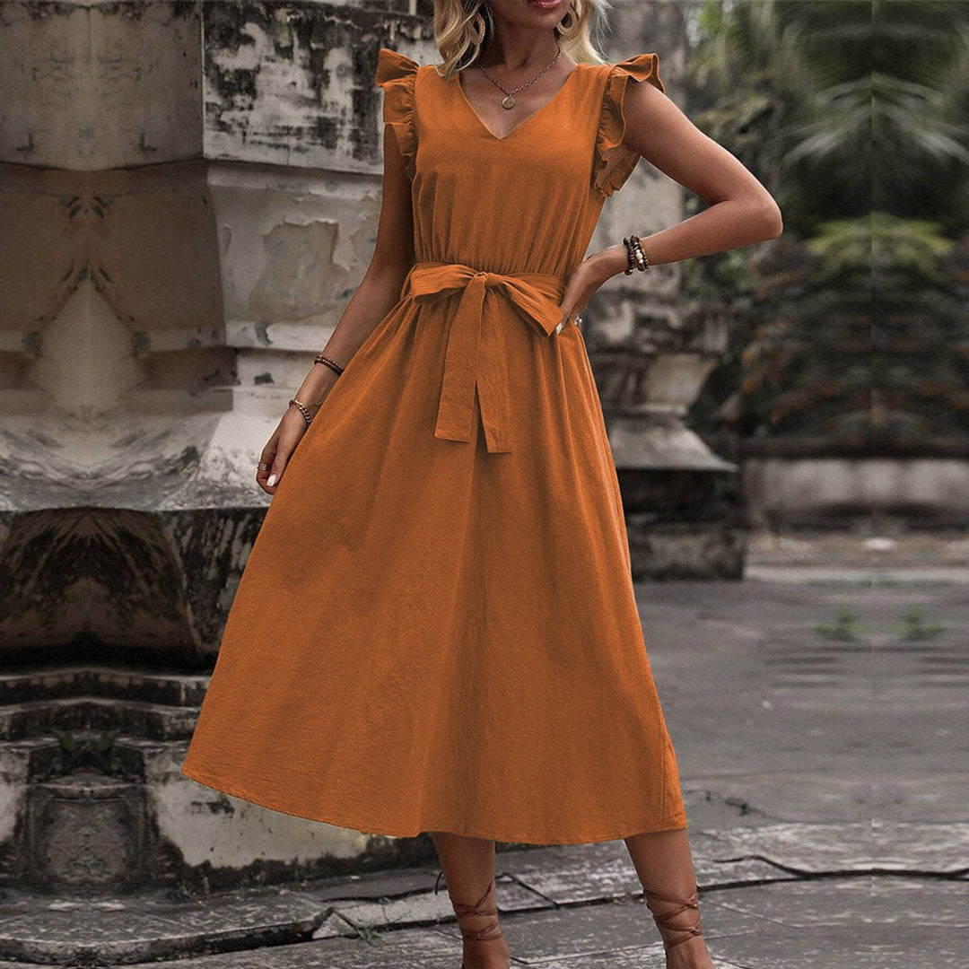 Women's Ruffle-Sleeve Belted V-Neck Fall Midi Dress