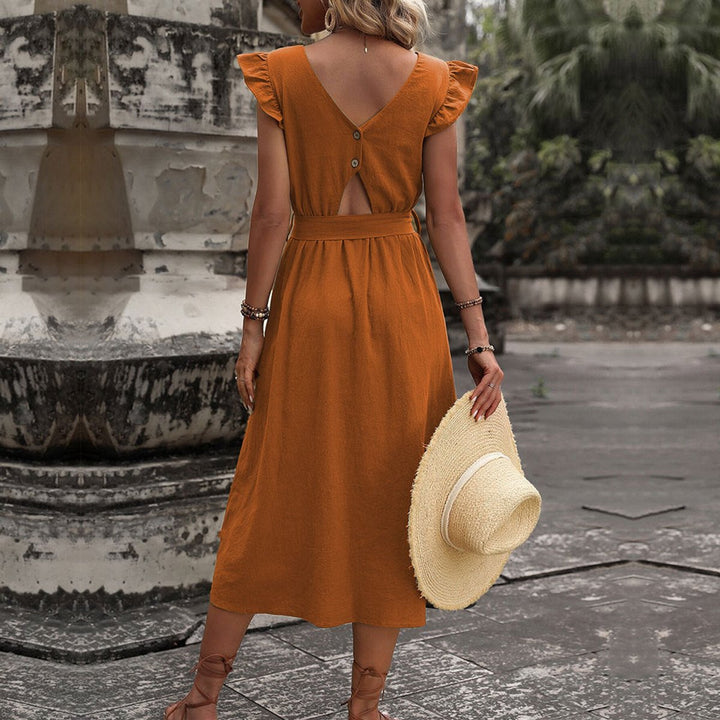 Women's Ruffle-Sleeve Belted V-Neck Fall Midi Dress