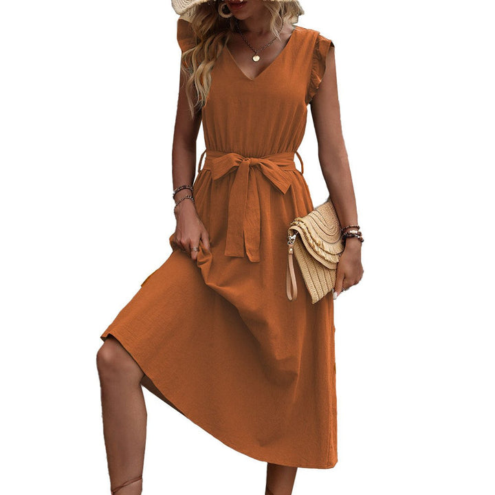 Women's Ruffle-Sleeve Belted V-Neck Fall Midi Dress