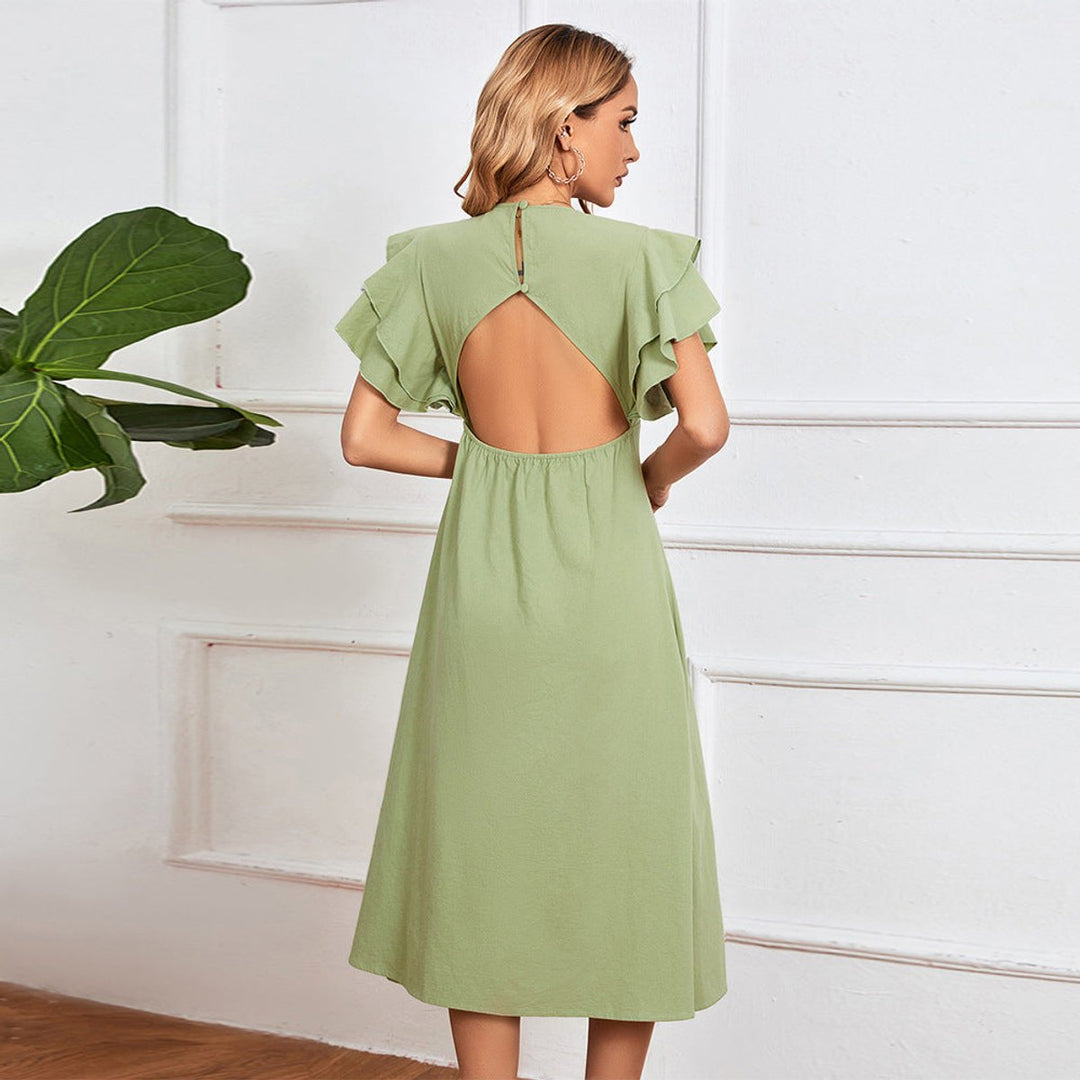 Women's Ruffle-Sleeve Deep V-Neck Button-Front Fall Midi Dress