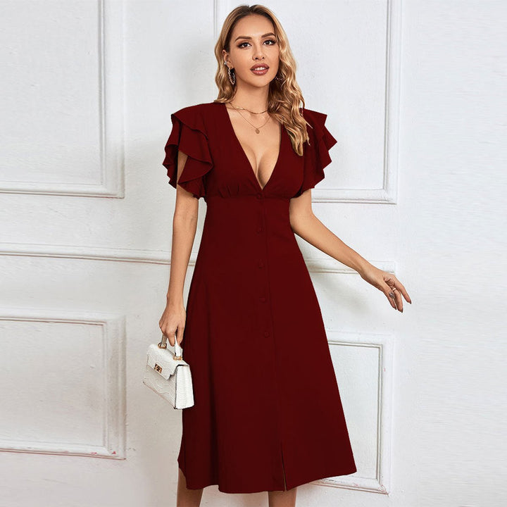 Women's Ruffle-Sleeve Deep V-Neck Button-Front Fall Midi Dress