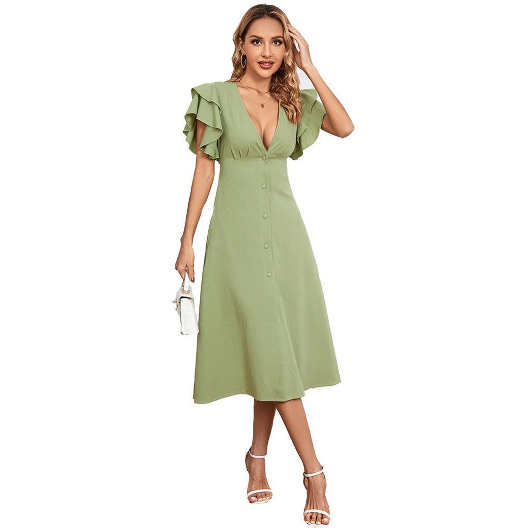 Women's Ruffle-Sleeve Deep V-Neck Button-Front Fall Midi Dress