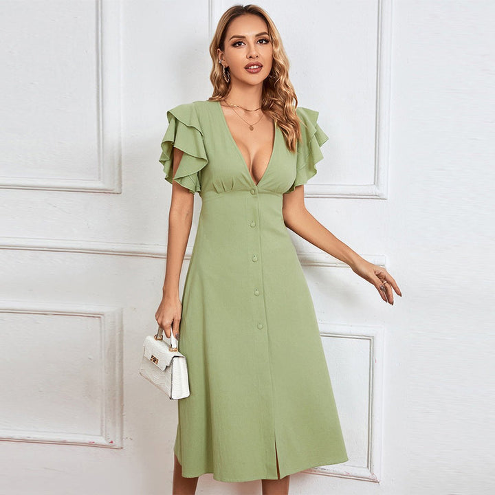 Women's Ruffle-Sleeve Deep V-Neck Button-Front Fall Midi Dress