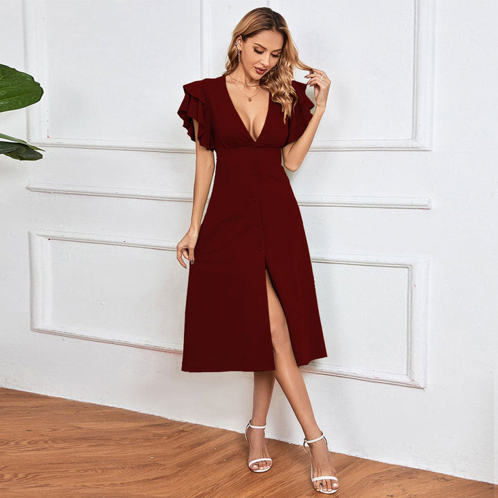 Women's Ruffle-Sleeve Deep V-Neck Button-Front Fall Midi Dress