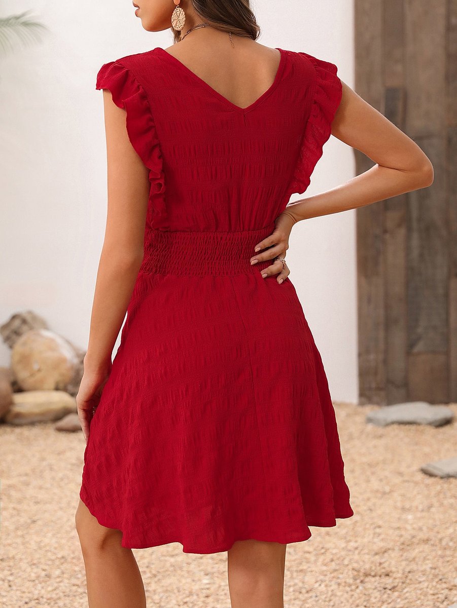 Women's Ruffle Sleeve Deep V-Neck Smocked Waist Fall Midi Dress