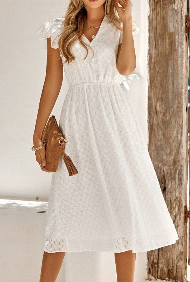 Women's Ruffle-Sleeve Elastic-Waist V-Neck Fall Midi Dress