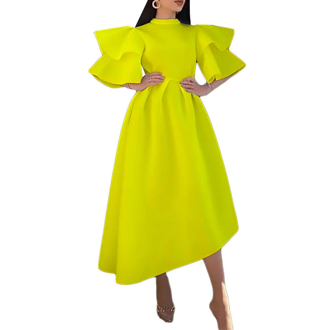 Women's Ruffle Sleeve High-Waist A-Line Fall Midi Dress