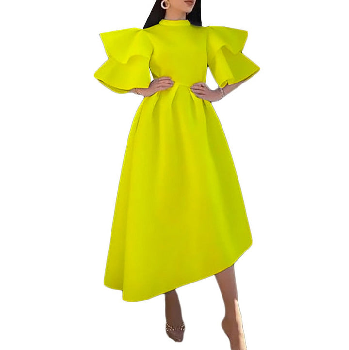 Women's Ruffle Sleeve High-Waist A-Line Fall Midi Dress