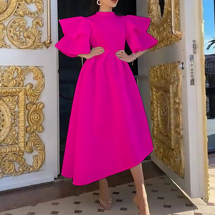 Women's Ruffle Sleeve High-Waist A-Line Fall Midi Dress
