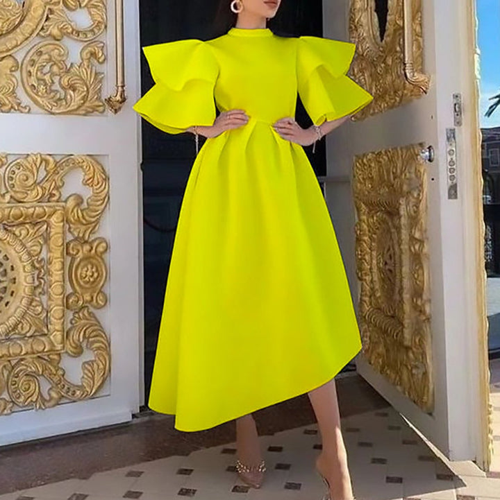 Women's Ruffle Sleeve High-Waist A-Line Fall Midi Dress