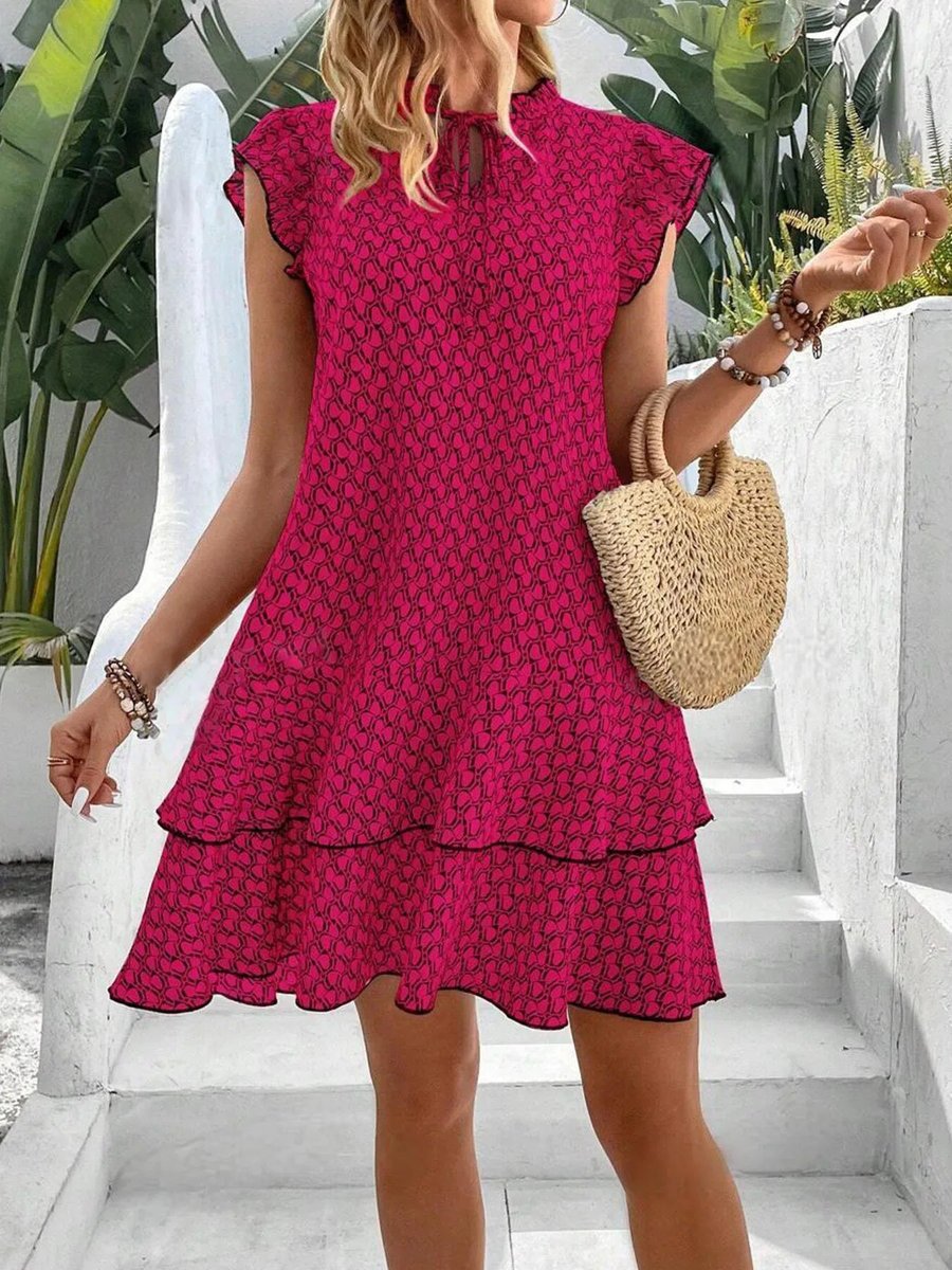 Women's Ruffle-Sleeve Printed Tiered Formal Dress