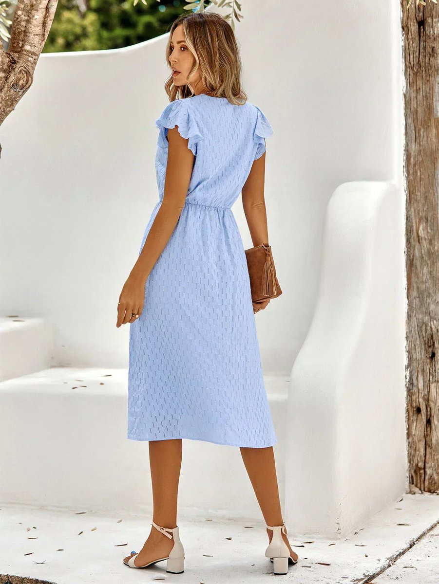 Women's Ruffle-Sleeve V-Neck A-Line Fall Midi Dress