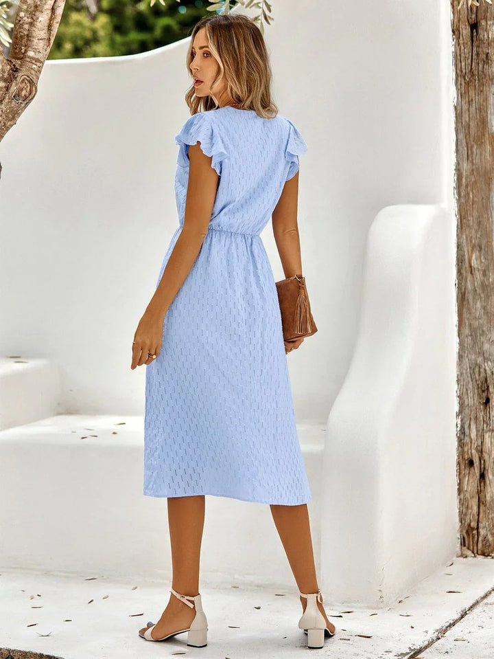 Women's Ruffle-Sleeve V-Neck A-Line Fall Midi Dress