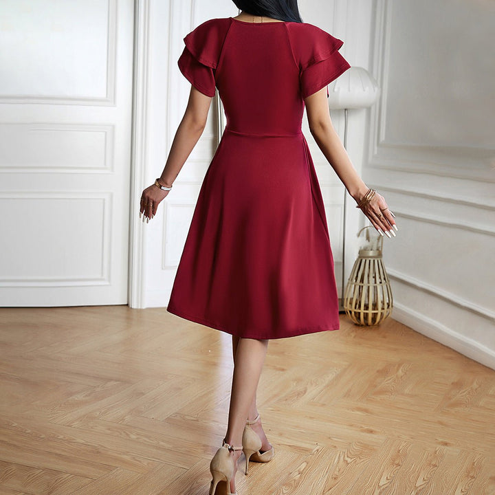 Women's Ruffle Sleeve V-Neck A-Line Fall Midi Dress