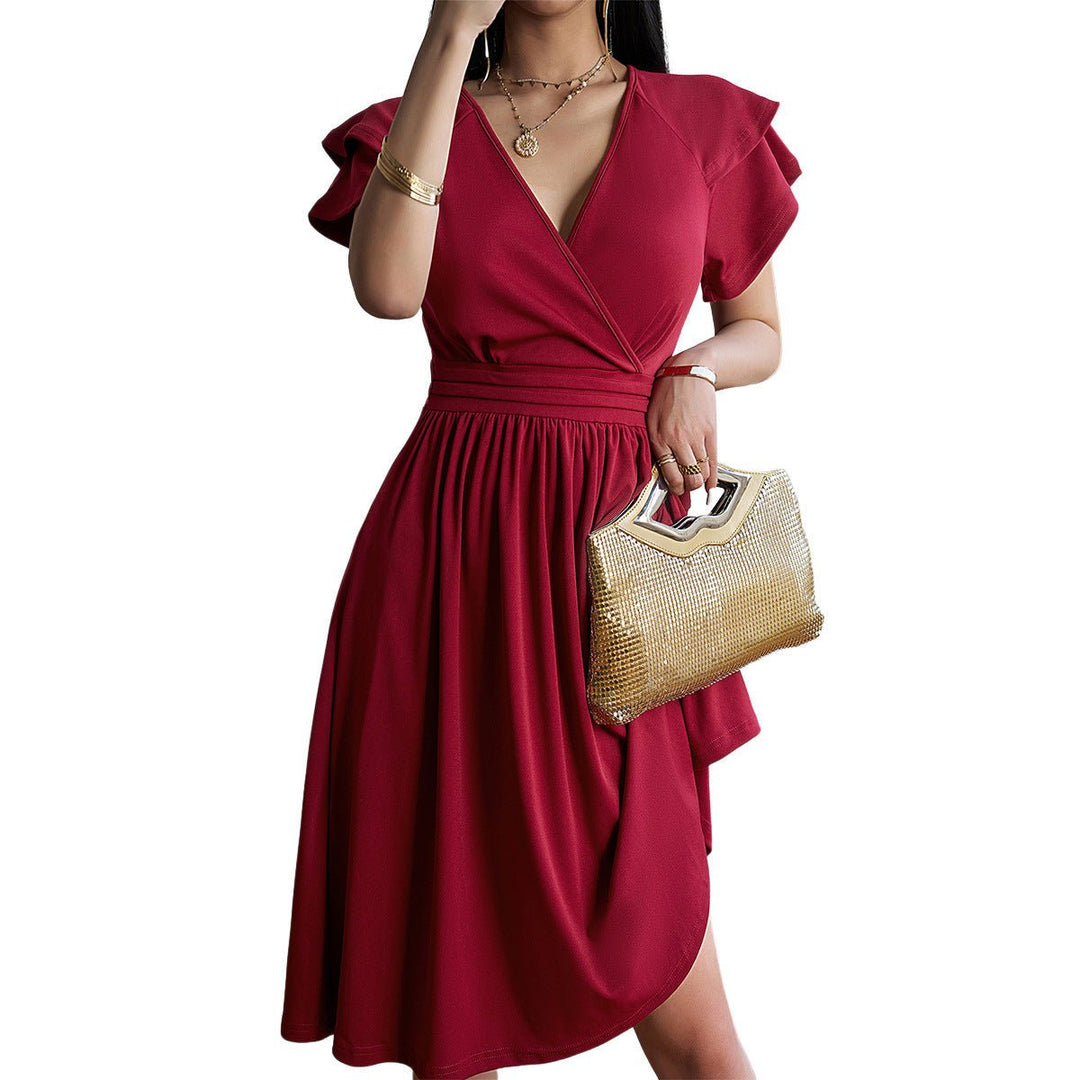 Women's Ruffle Sleeve V-Neck A-Line Fall Midi Dress