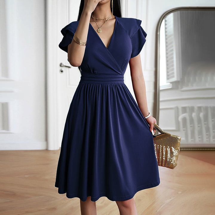 Women's Ruffle Sleeve V-Neck A-Line Fall Midi Dress