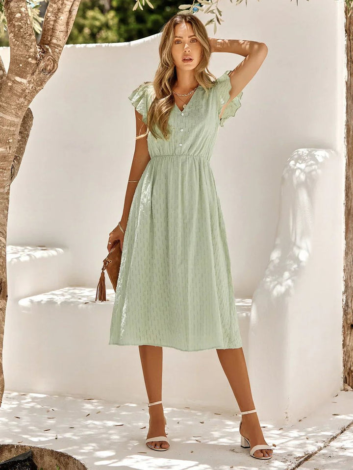 Women's Ruffle-Sleeve V-Neck A-Line Fall Midi Dress