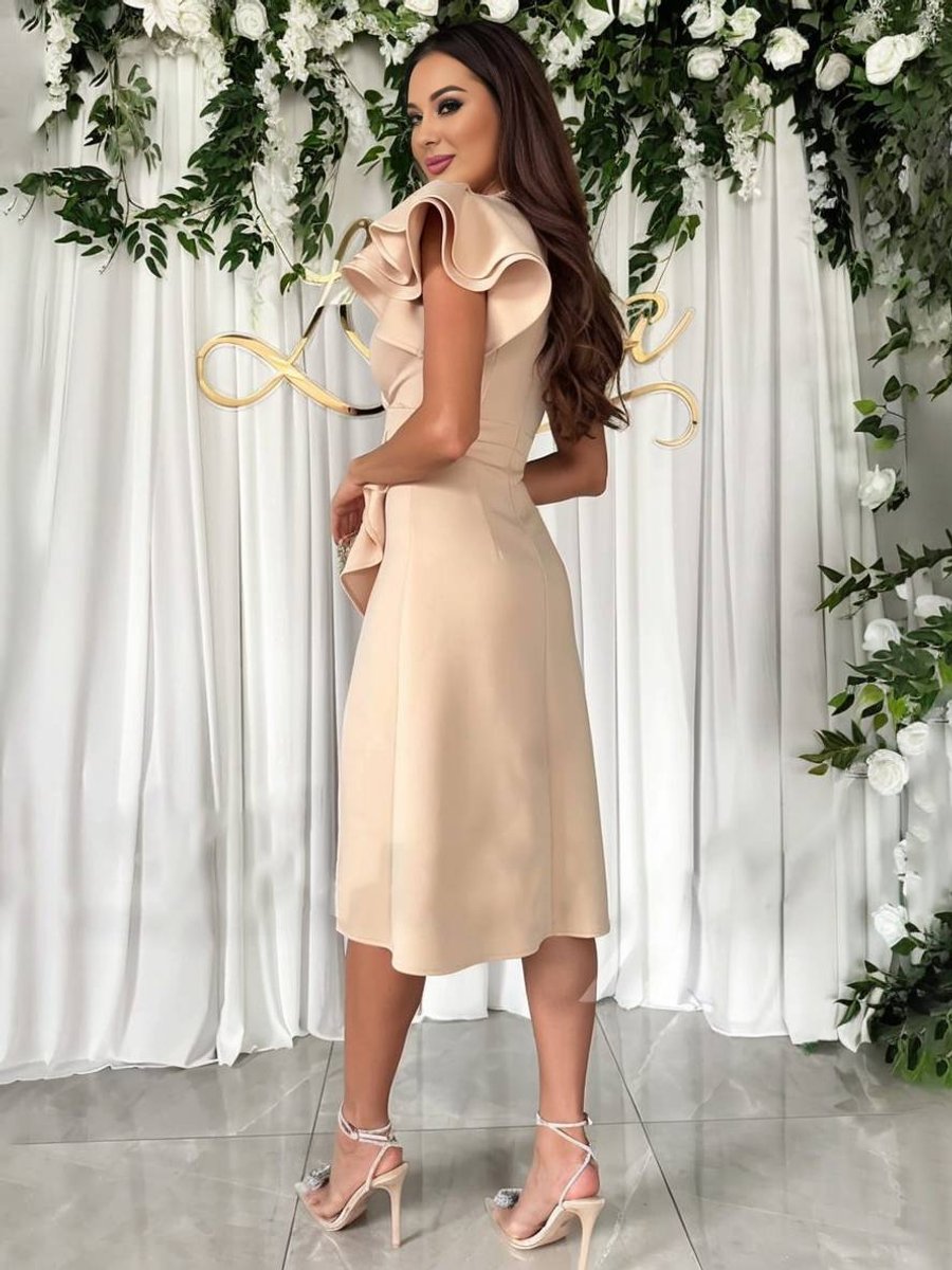 Women's Ruffle-Sleeve V-Neck Asymmetric Fall Midi Dress