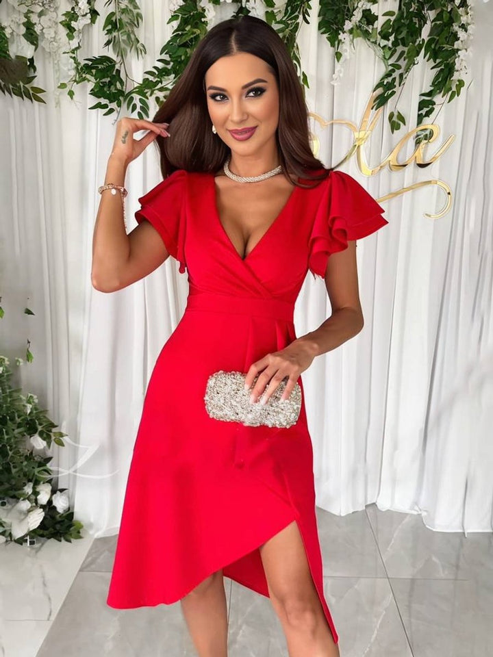 Women's Ruffle-Sleeve V-Neck Asymmetric Fall Midi Dress