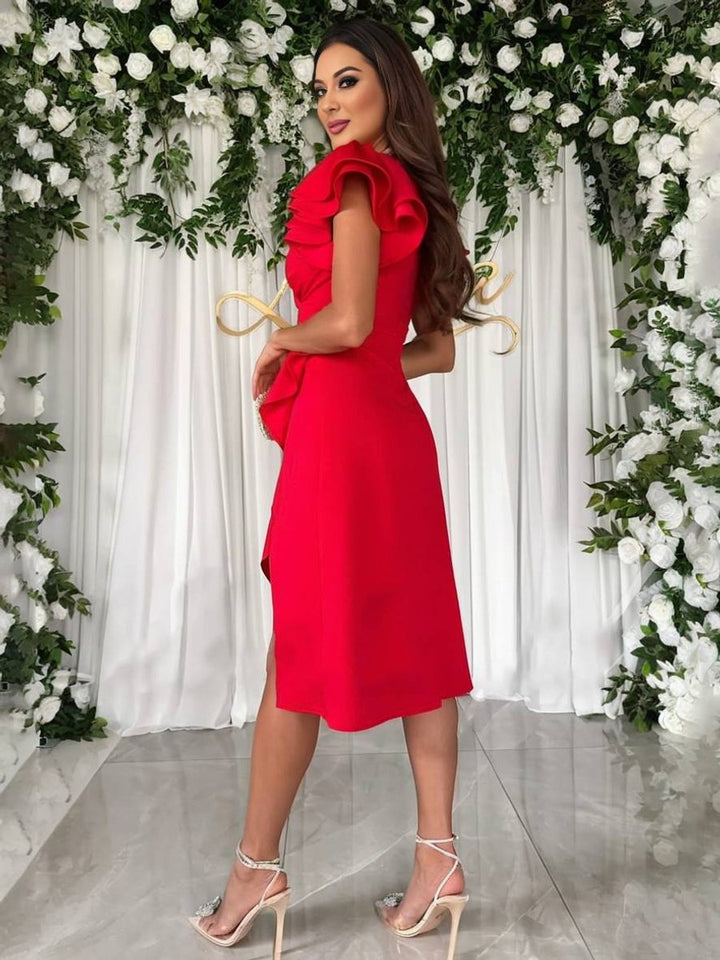Women's Ruffle-Sleeve V-Neck Asymmetric Fall Midi Dress