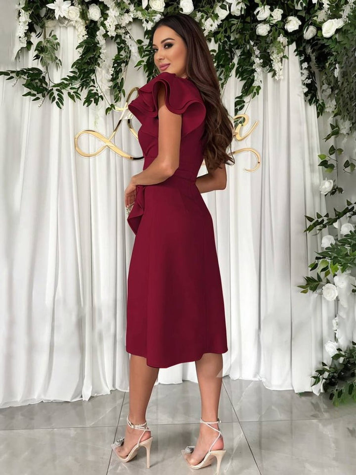 Women's Ruffle-Sleeve V-Neck Asymmetric Fall Midi Dress