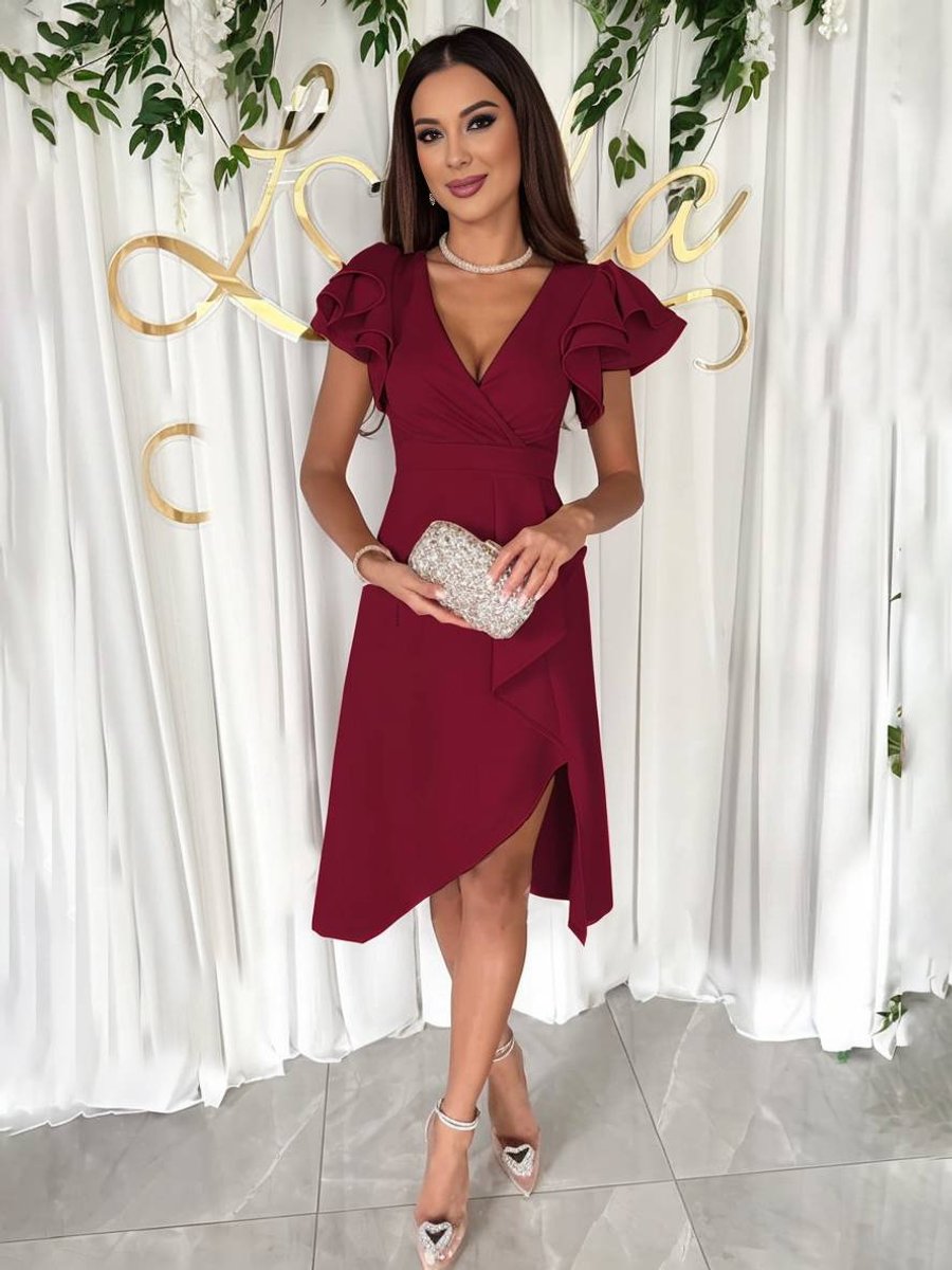 Women's Ruffle-Sleeve V-Neck Asymmetric Fall Midi Dress