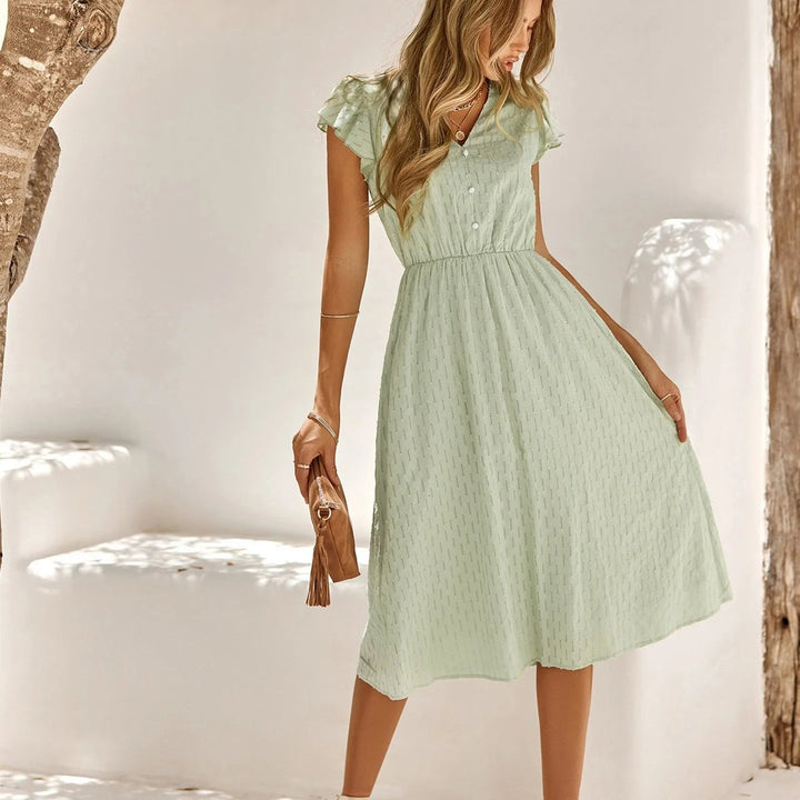 Women's Ruffle-Sleeve V-Neck Elastic-Waist Fall Midi Dress
