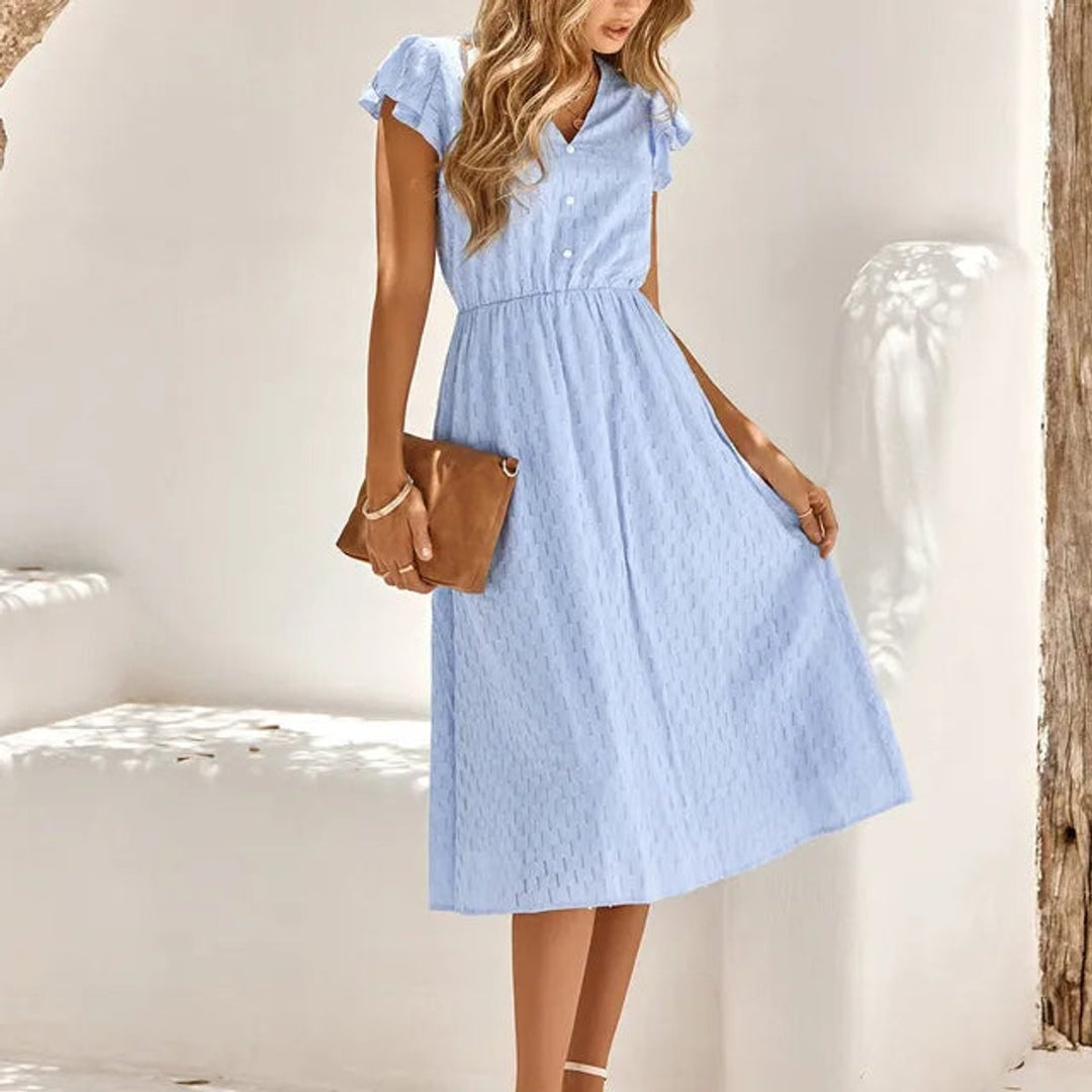 Women's Ruffle-Sleeve V-Neck Elastic-Waist Fall Midi Dress