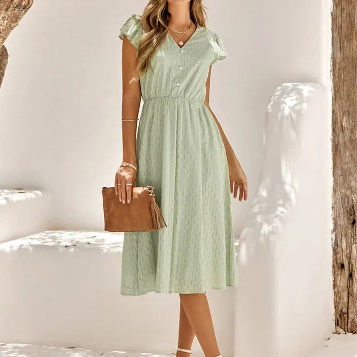Women's Ruffle-Sleeve V-Neck Elastic-Waist Fall Midi Dress