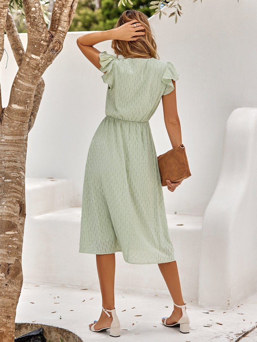 Women's Ruffle-Sleeve V-Neck Fall Midi Dress Flowy A-Line