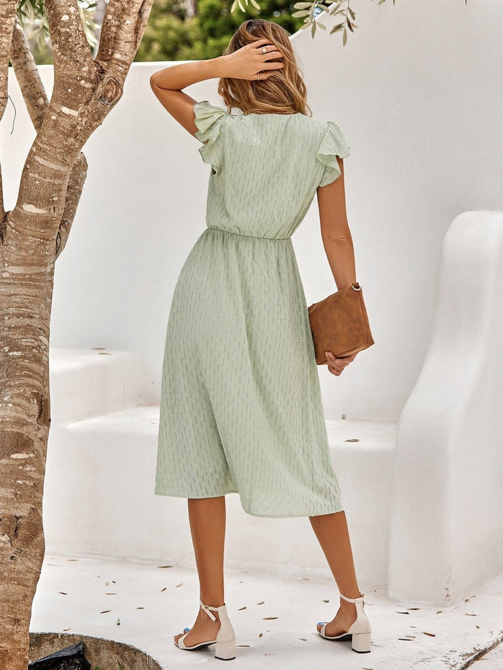 Women's Ruffle-Sleeve V-Neck Fall Midi Dress Flowy A-Line