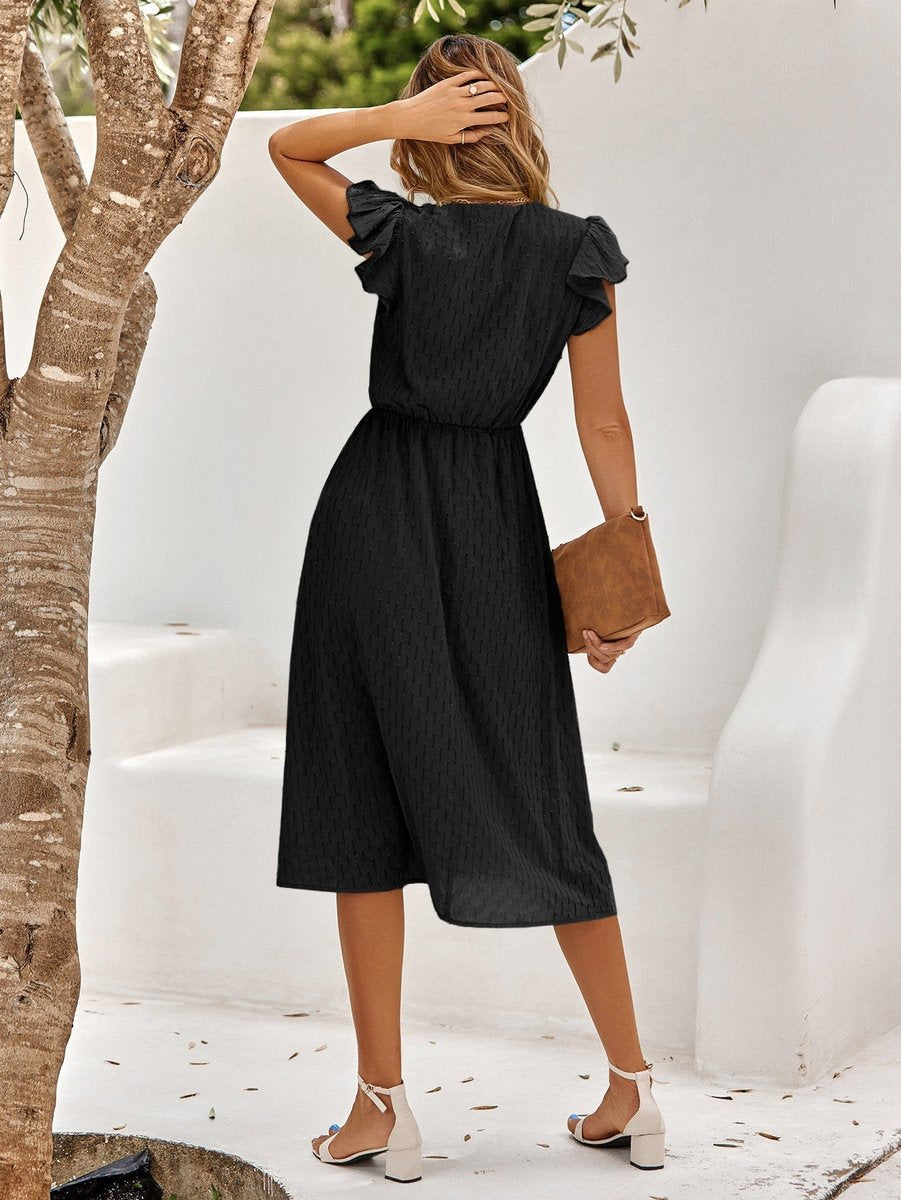 Women's Ruffle-Sleeve V-Neck Fall Midi Dress Flowy A-Line