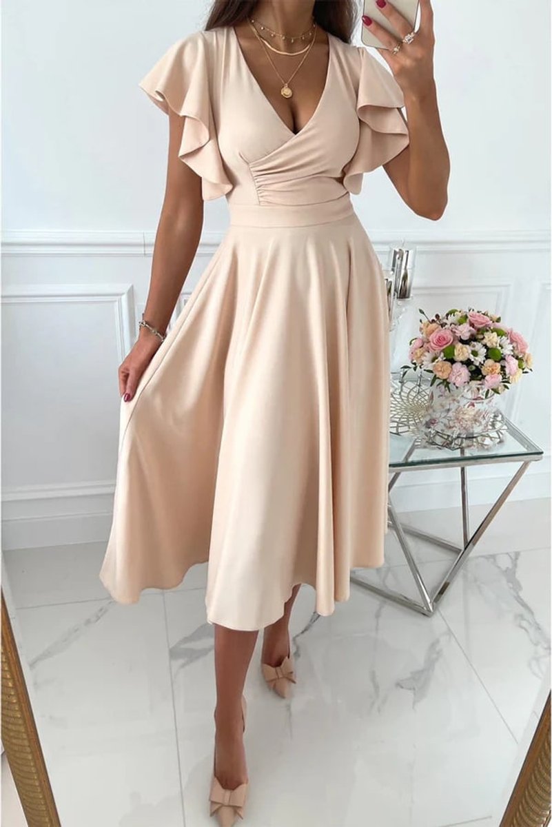 Women's Ruffle-Sleeve V-Neck Fall Midi Dress High-Waist A-Line