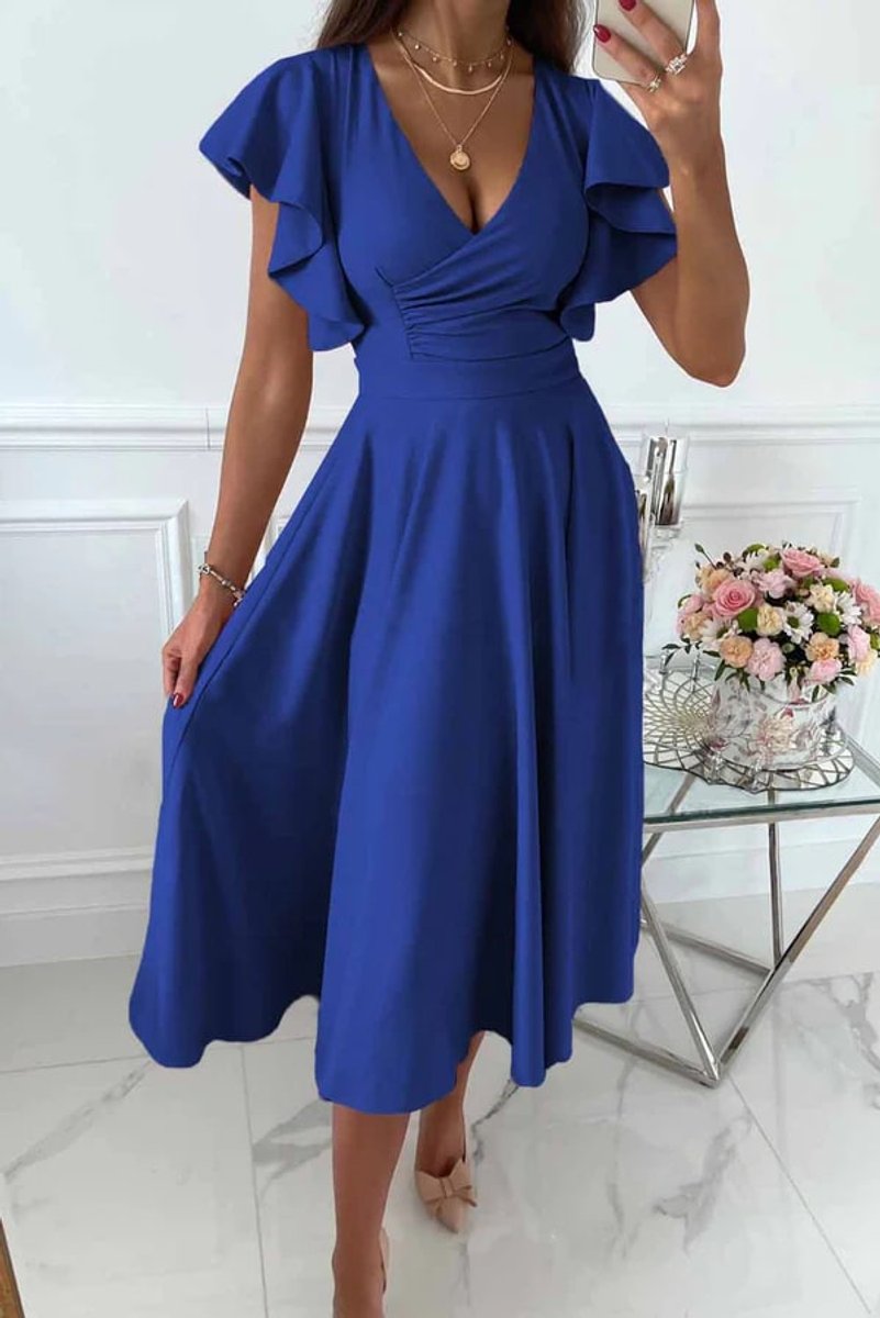 Women's Ruffle-Sleeve V-Neck Fall Midi Dress High-Waist A-Line