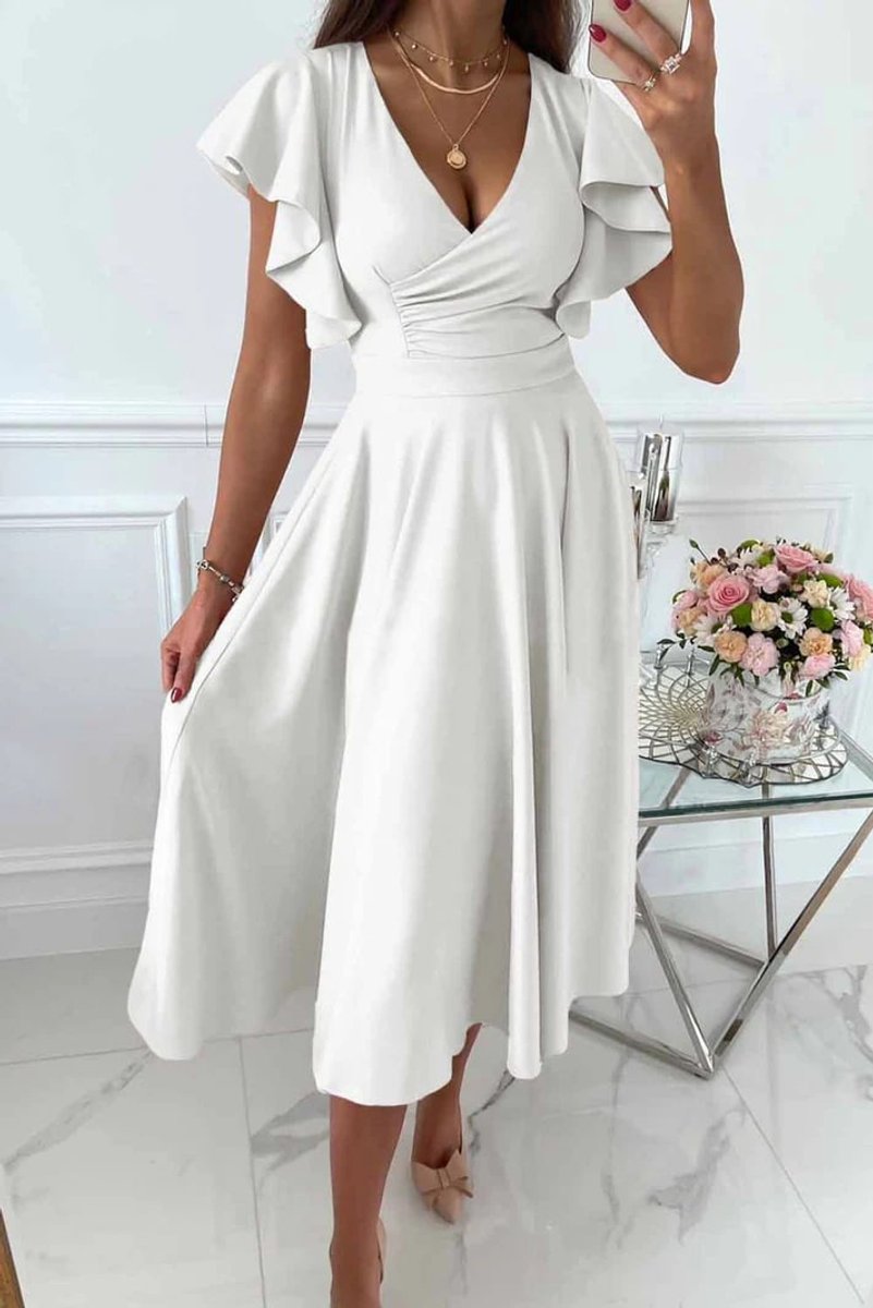 Women's Ruffle-Sleeve V-Neck Fall Midi Dress High-Waist A-Line